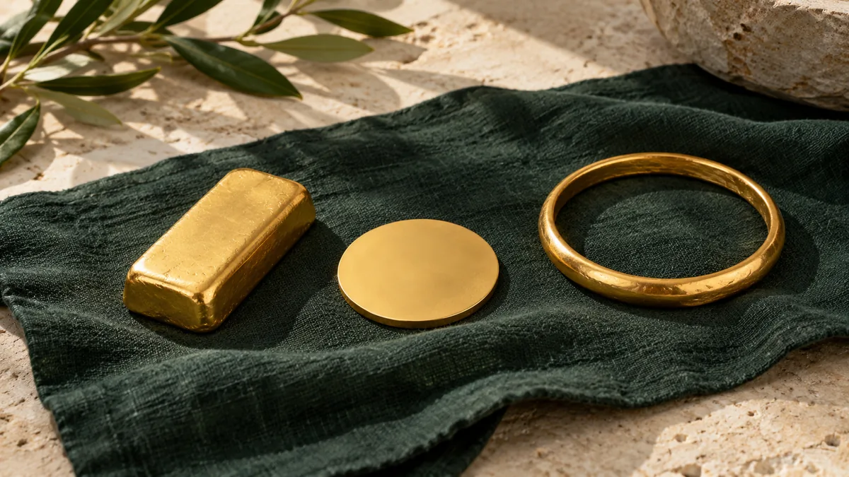 قطعه مستطیلی، دیسک کاملاً بی‌نوشته و النگوی طلایی‌رنگ روی پارچه سبز تیره و سطح سنگی کرم