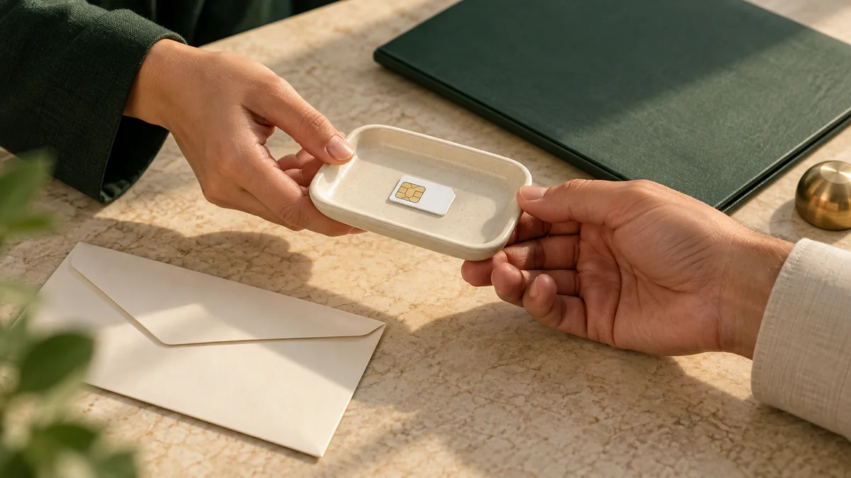 دست‌های دو نفر در حال جابه‌جایی سینی کرم با سیم‌کارت بی‌نوشته، کنار پوشه سبز و پاکت سفید